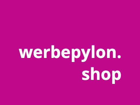 Das Logo vom Werbepylon Shop befindet sich auf violettem Hintergrund.
