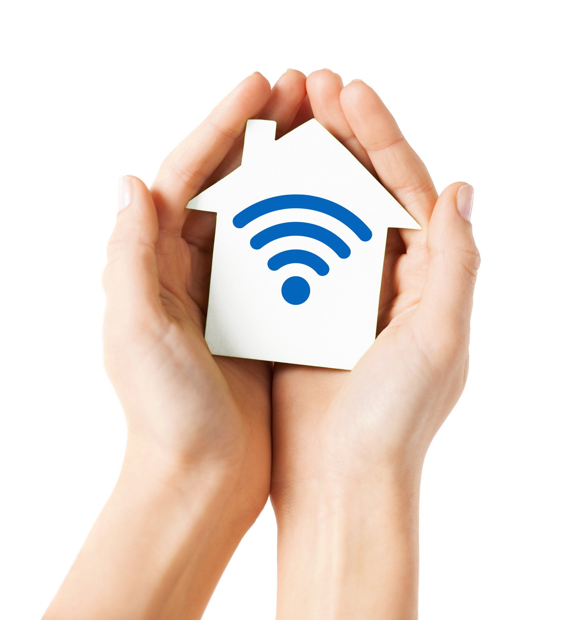 A photograph of someones hand holding a small image of a house with a Wi-Fi logo printed on it