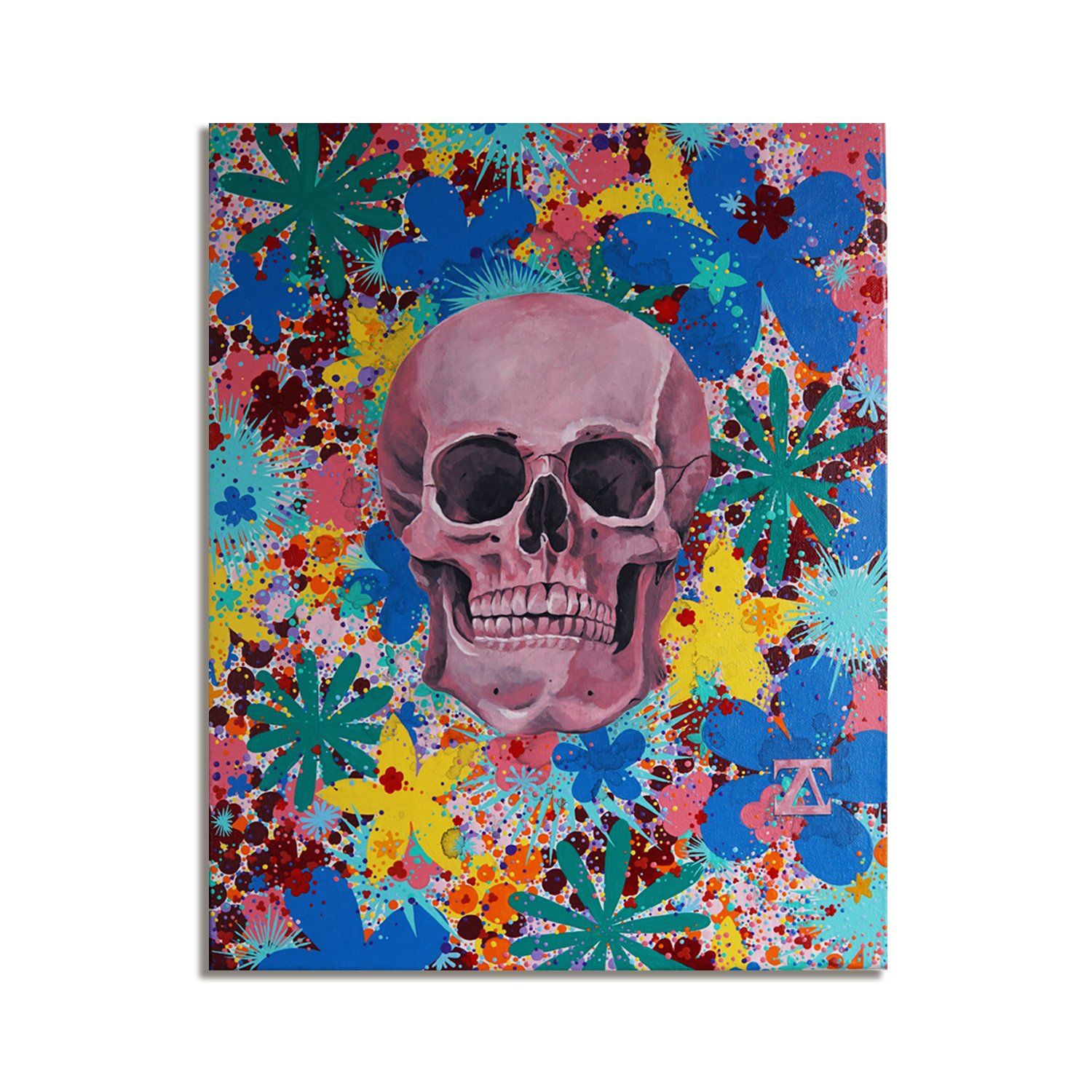 art, painting, donatella azygous, acrylic, skull, flowers, skull with flowers