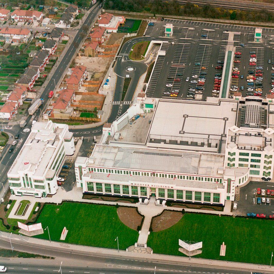 Aerial photo of The Hoover Building, refurbished and repurposed by LSH Architects