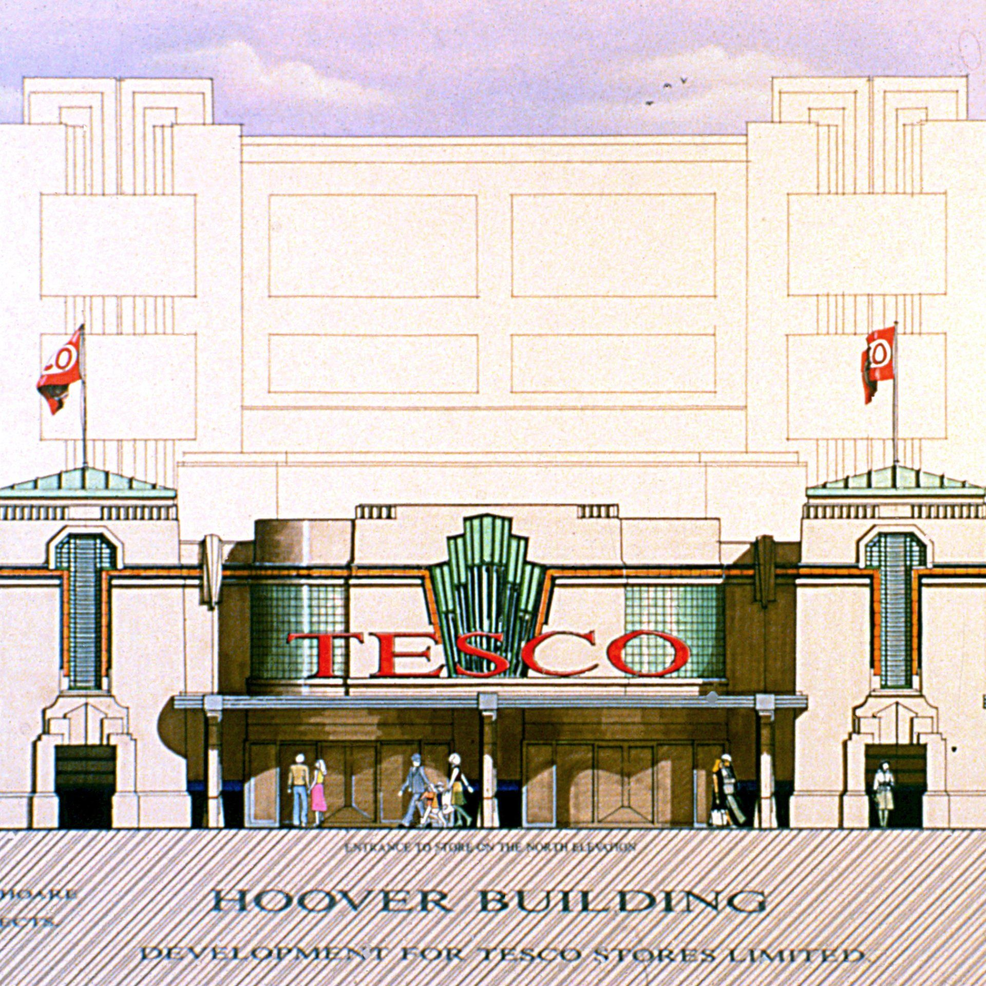 Handrawn tesco store elevation at The Hoover Building, refurbished and repurposed by LSH Architects