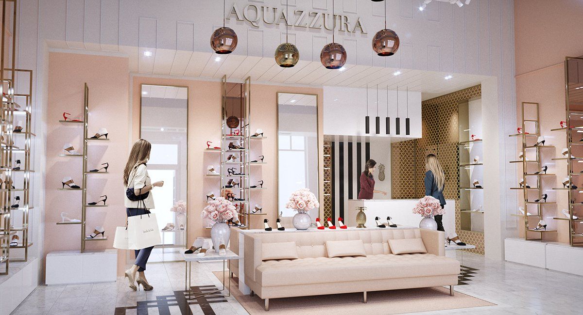Interior CGI of Aquazzura store at Bicester Village designed by LSH Architects interiors team