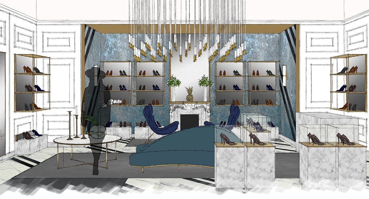 Interior of Aquazzura store at Bicester Village designed by LSH Architects interiors team