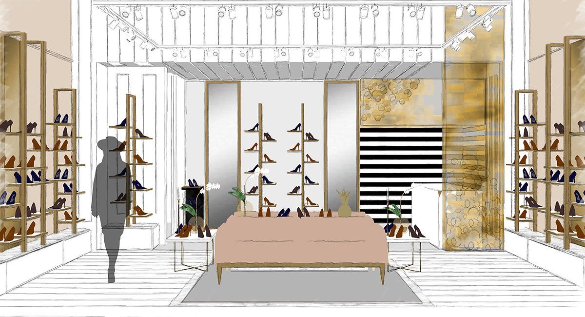 Interior of Aquazzura store at Bicester Village designed by LSH Architects interiors team