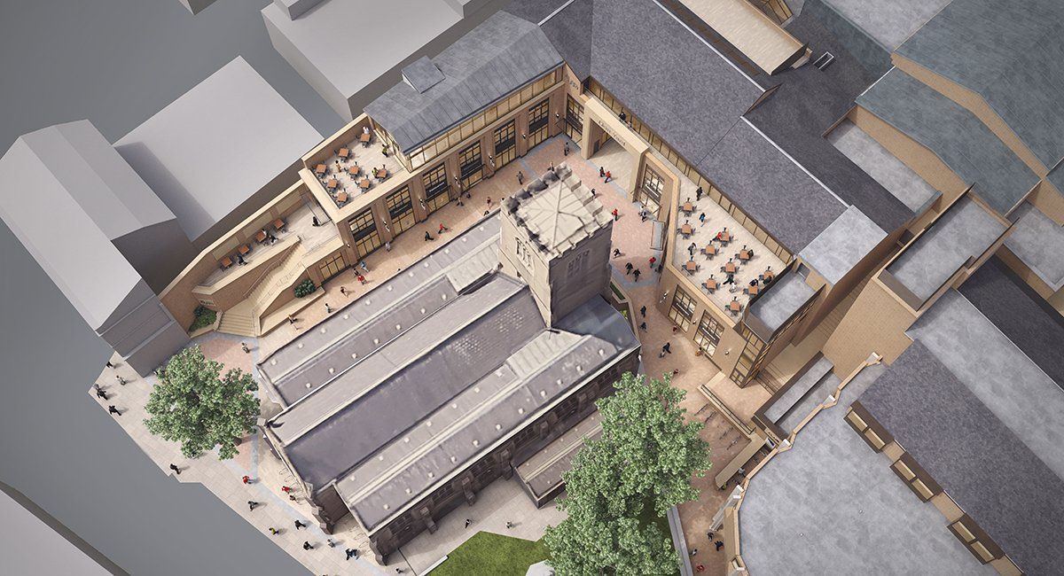 Aerial CGI of proposals for Lion Yard Cambridge by LSH Architects