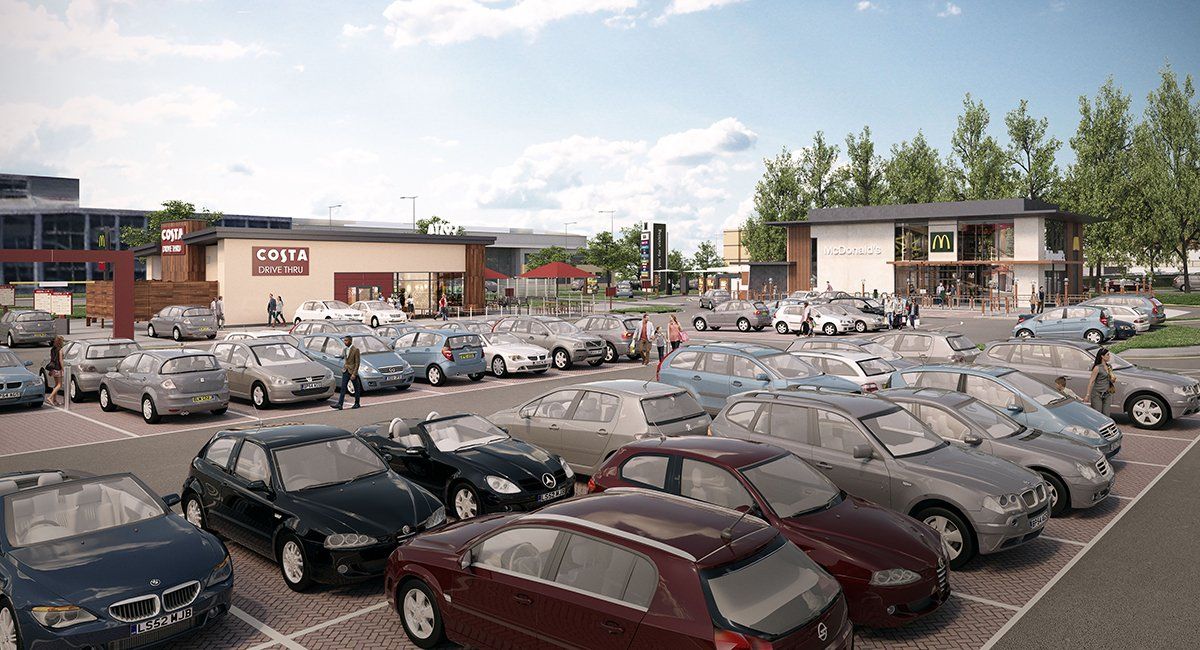 Exterior CGI of proposed Maylands Retail Park, Hemel Hempstead by LSH Architects