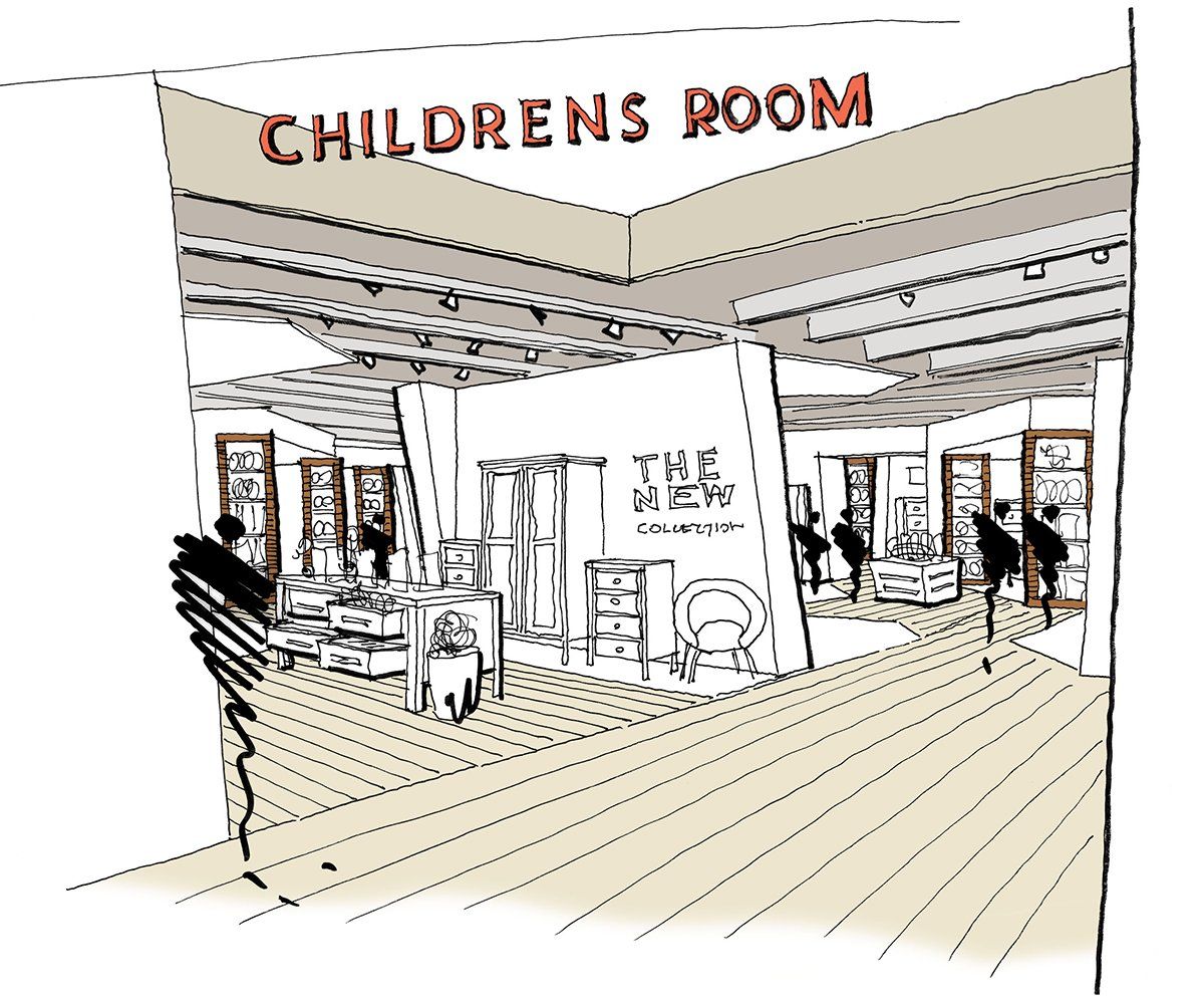 Habios furniture store concept sketch, India, designed by LSH Architects interior design team