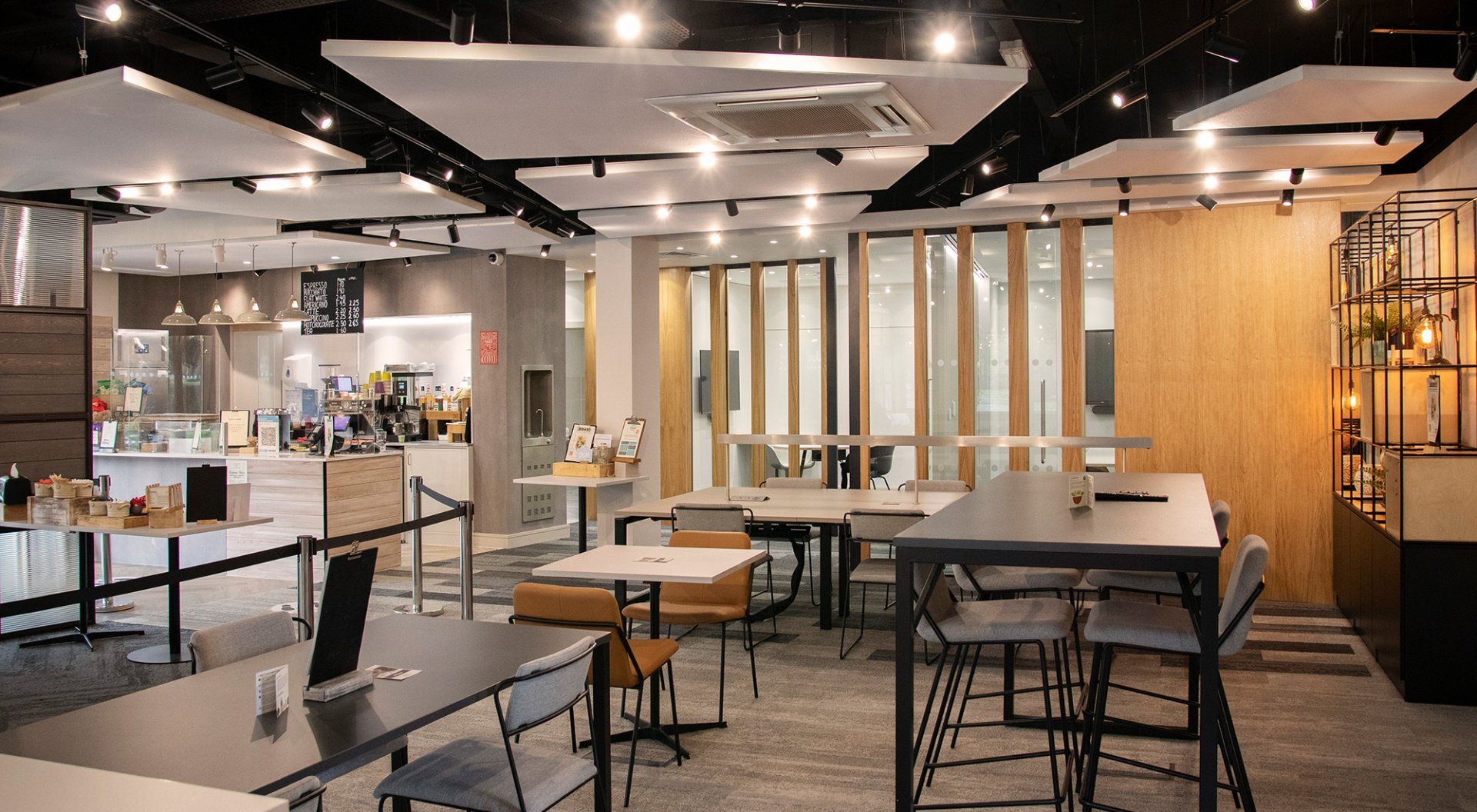 Interior of The Exchange, a refreshment hub with flexible workspace for Chineham Park by LSH Architects