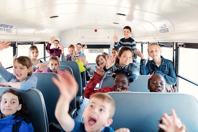 A group of children are sitting on a school bus with their hands in the air.
