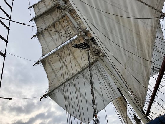 Close-up van een wit scheepszeil met tuigage tegen een bewolkte hemel.