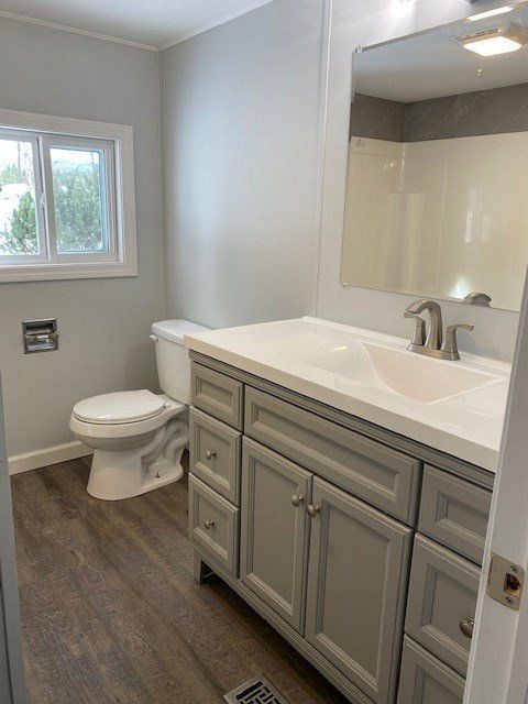 Gray bathroom with vanity, toilet, and window; wood-look flooring.