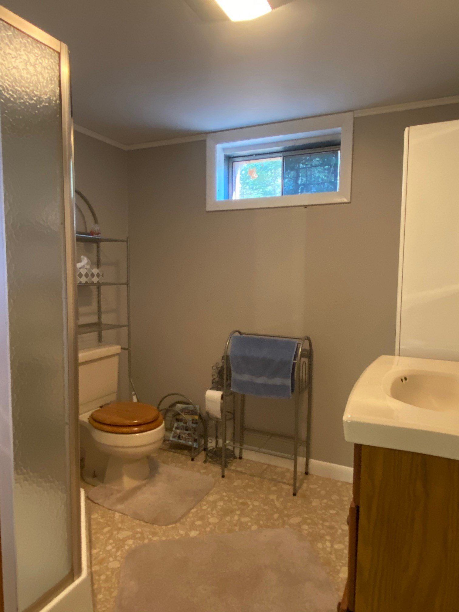 A bathroom with a toilet a sink and a window
