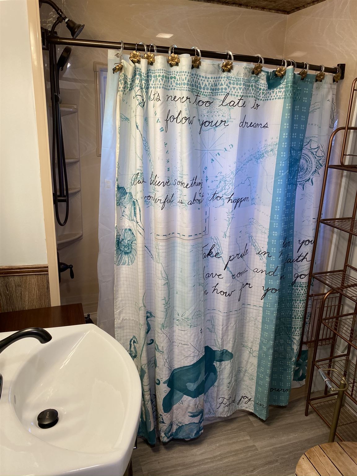 Bathroom with shower, vanity sink, and patterned shower curtain. Brown, blue, and white tones.