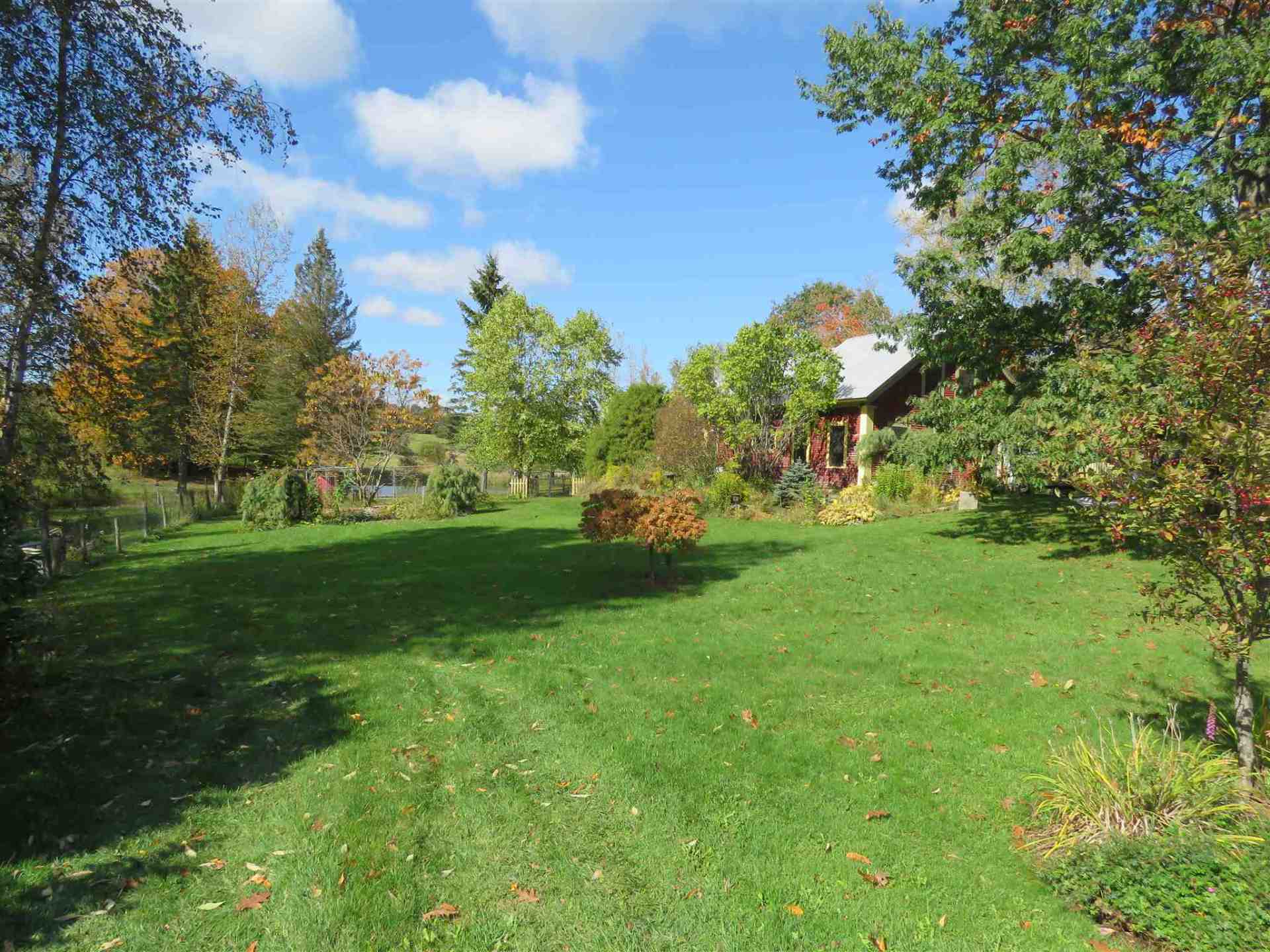 Grassy yard with trees and a building under a blue sky with clouds.