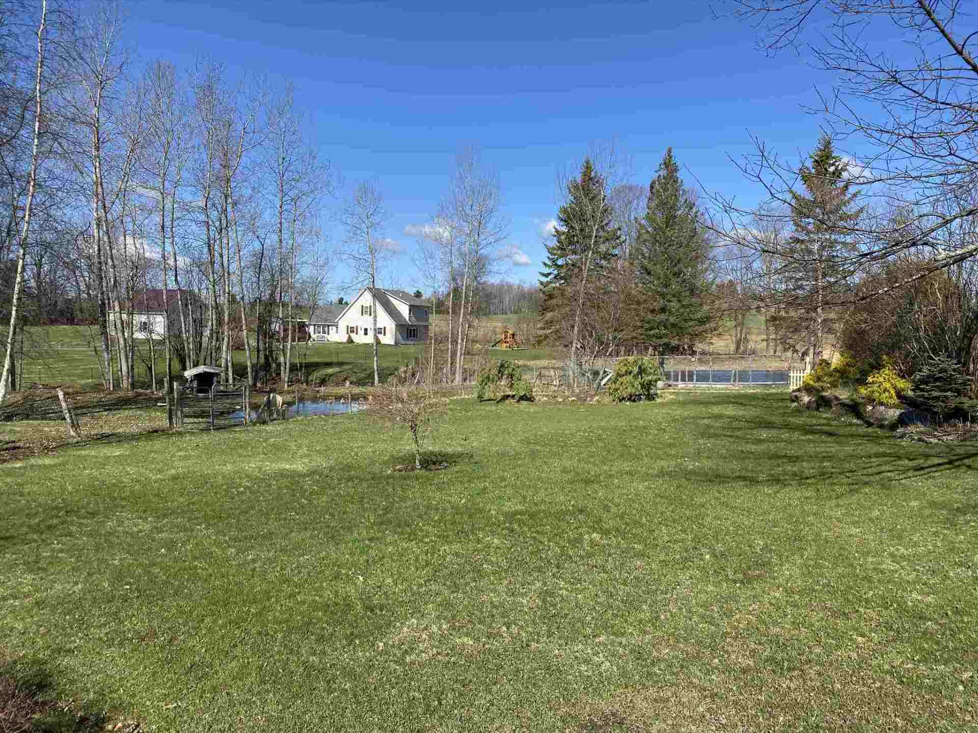 Grassy yard with small pond and trees. Two houses in background under a bright blue sky.