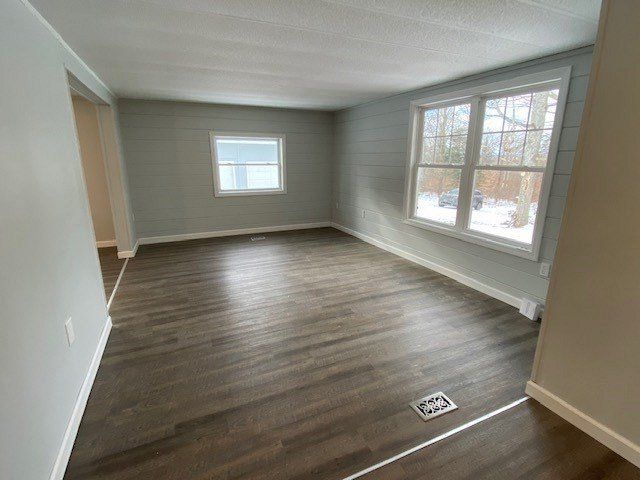 Empty living room with gray shiplap wall, dark wood-look floor, and windows overlooking snowy trees.