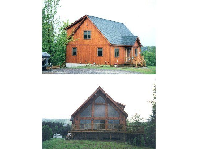 Two views of a wooden cabin: a side profile showing the entryway and a front view featuring a large windowed gable and deck.