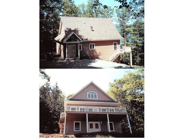 Two views of a tan two-story house with a wooden deck and gabled roof, situated in a wooded, mountainous area.