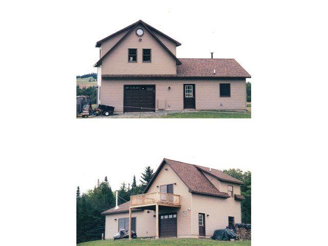 Two views of a tan two-story house with a brown roof, garage, and a wooden balcony in a rural setting.