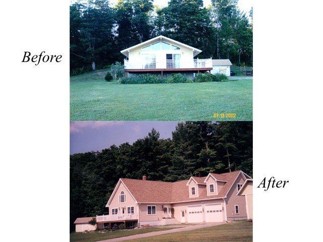 A before-and-after photo showing a home renovation, changing a single-story yellow house to a two-story tan house.