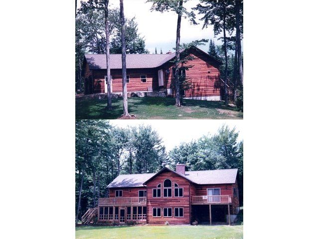 Two views of a red wooden cabin with a tin roof among tall trees in a wooded setting