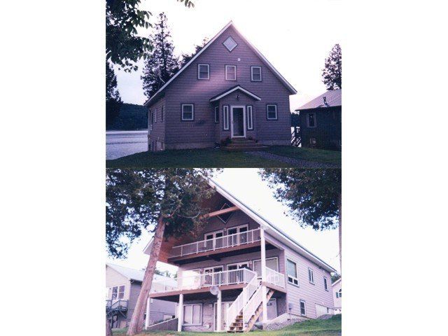 Two photos of the same house: the top showing the street-side entrance and the bottom showing the multi-level back deck.