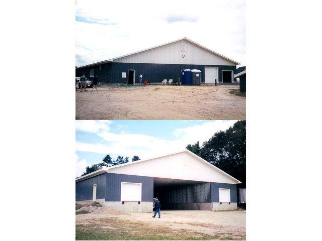 Before-and-after views of a white warehouse-style building with a peaked roof and large doors.