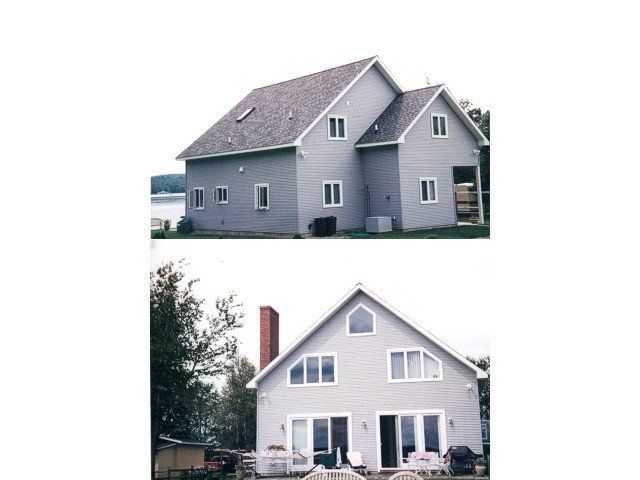 Two views of a grey, two-story house with a peaked roof, situated near a body of water with a prominent brick chimney.