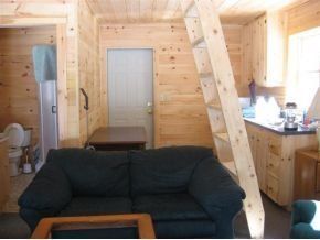 A small cabin interior featuring a dark sofa, a wooden ladder leading to a loft, a dining table, and an adjacent bathroom.