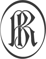 Black stylized letter “R” inside a black oval on a white background