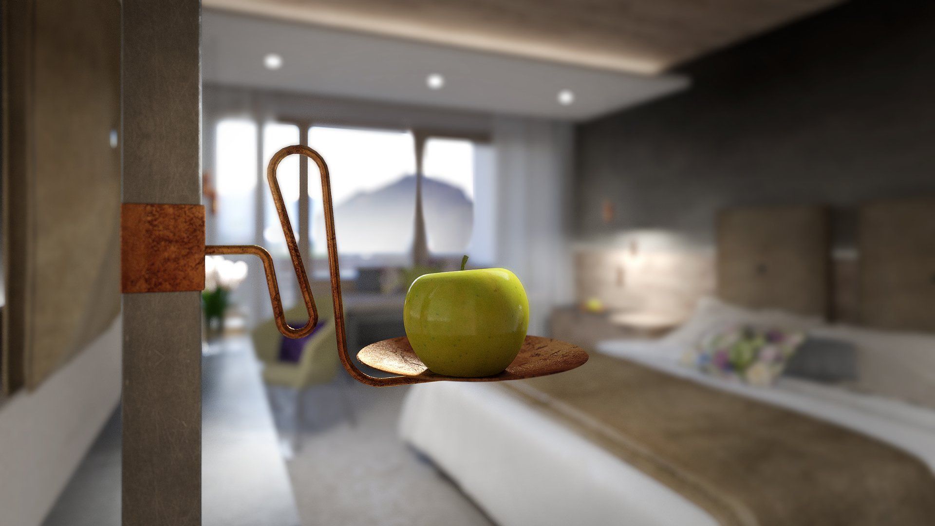 Ein grüner Apfel auf einem Kupfertablett in einem Schlafzimmer