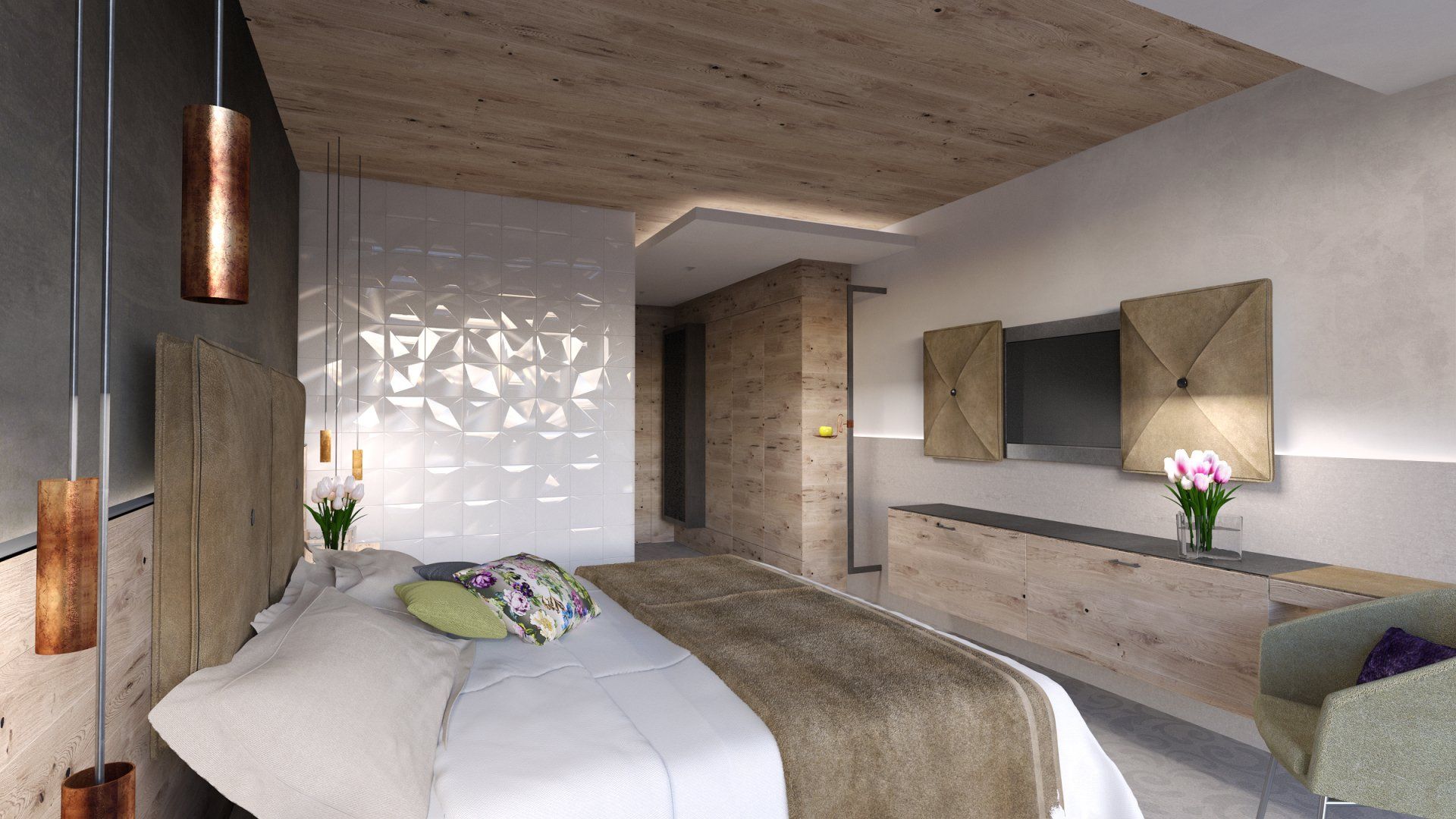Ein Schlafzimmer mit großem Bett und Flachbildfernseher