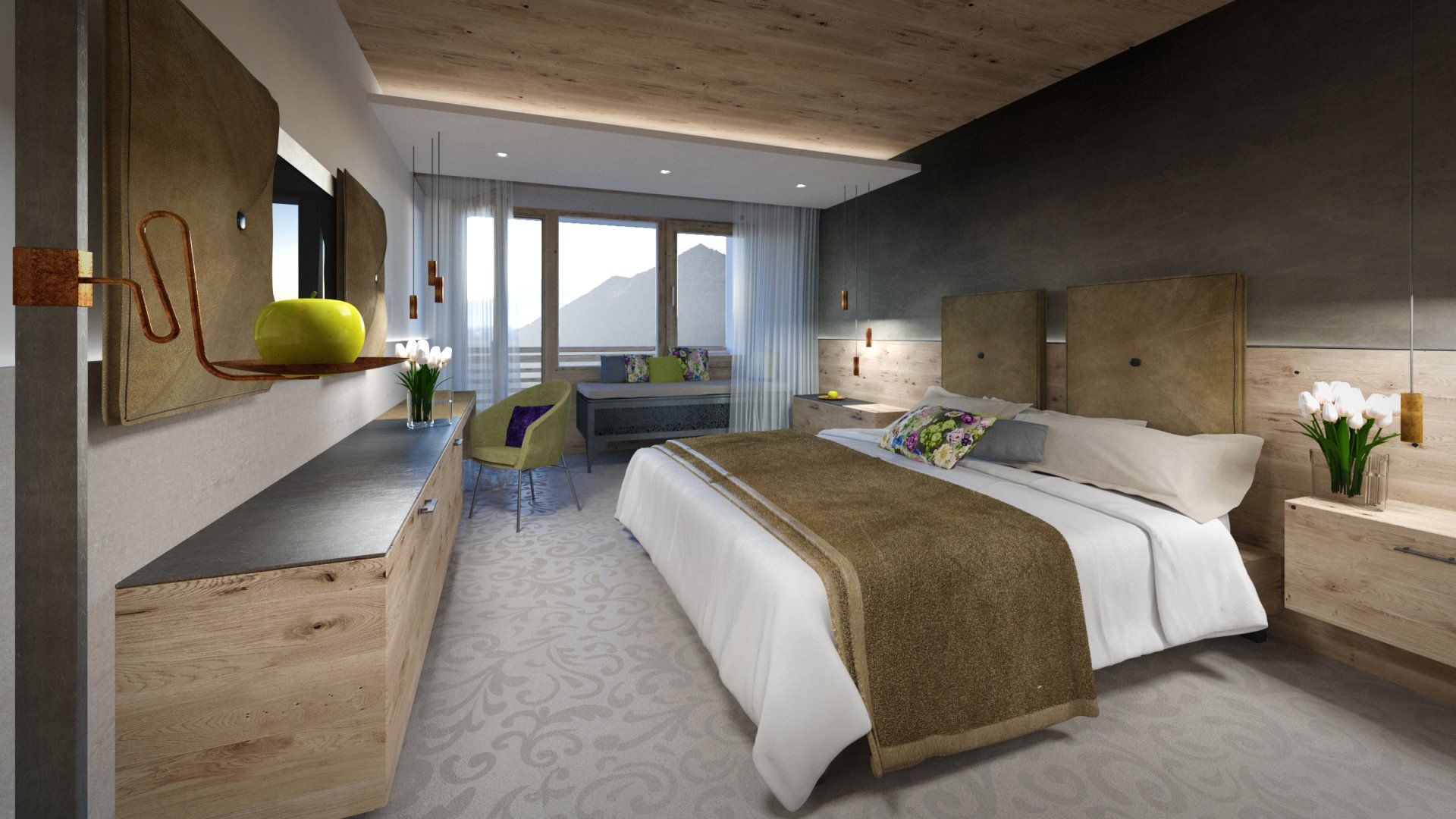 Eine künstlerische Darstellung eines Hotelzimmers mit einem großen Bett