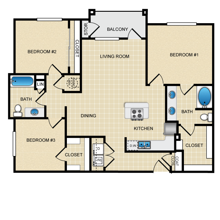 3 Bed, 2 Bath, 1281 Sq. Ft.