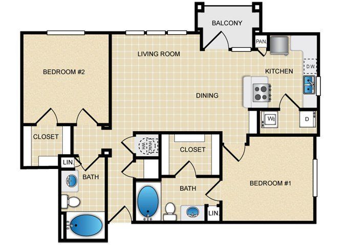 2 Bed, 2 Bath, 1020 Sq. Ft.