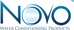Logo for Novo Water Conditioning Products; blue gradient letters and water swirl design.