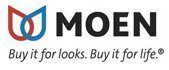 Moen logo: Overlapping teardrop shapes (red/blue) with the word