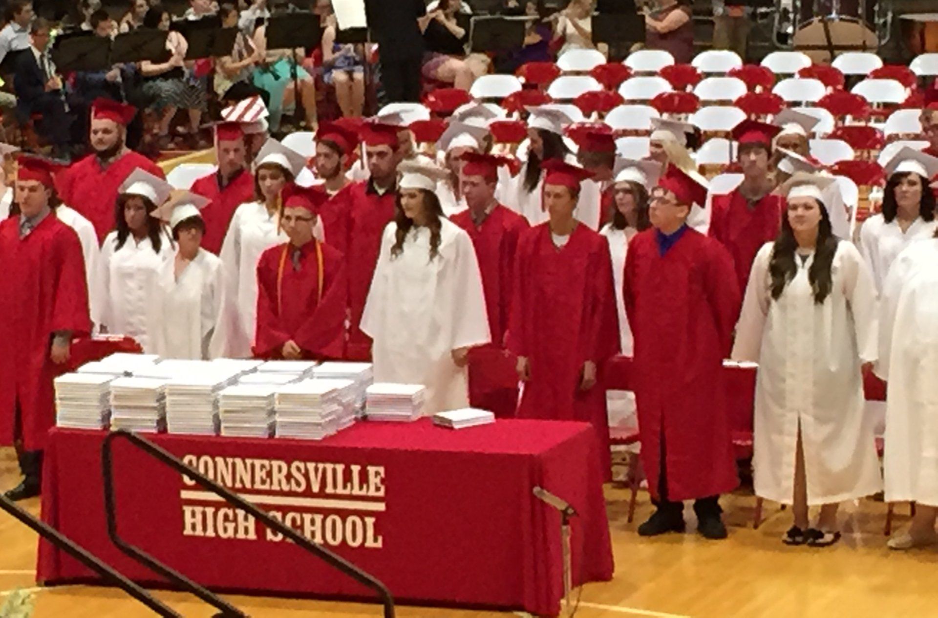 students in caps and gowns at graduation