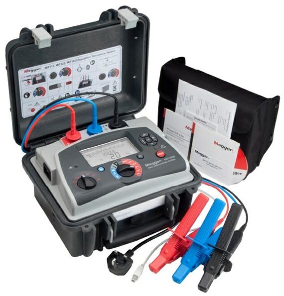 Digital insulation resistance tester in a case with test leads and accessories.