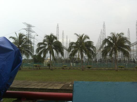 Palm trees in front of a power substation with overcast skies.