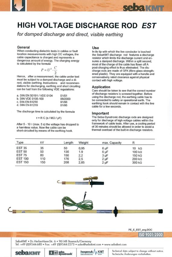 A brochure for SebaKMT high voltage discharge rods, detailing specifications and applications.