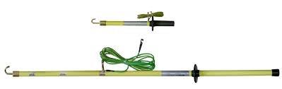 Two hot sticks, one with a hook, the other with a green wire attached. Both are yellow and black.