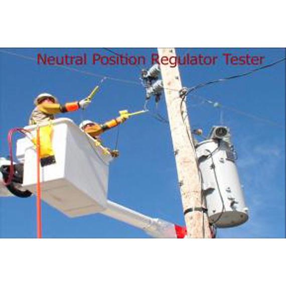 Linemen testing a neutral position regulator on a utility pole from a bucket truck.