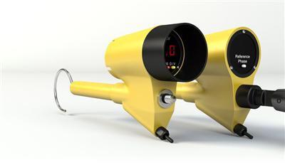 Yellow handheld device with digital display and 