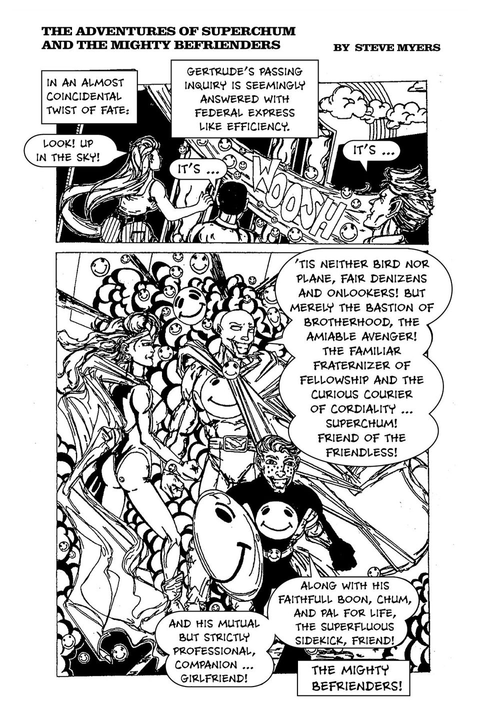 The Adventures of Superchum and the Mighty Befrienders by Steve Myers, strip number 4, circa 1995