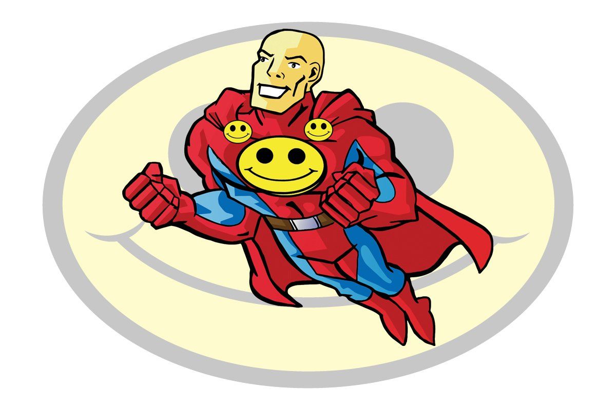 Superchum in mid-air in front of a smiley face
