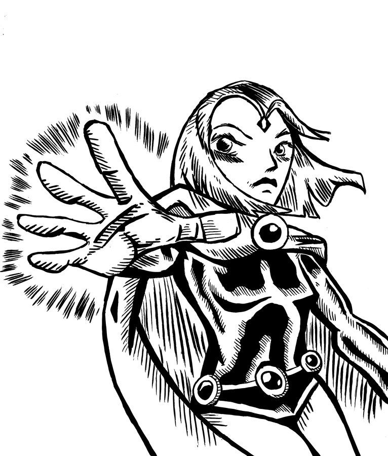The black and white pen and ink illustration and the full color illustration of Raven by Steve Myers