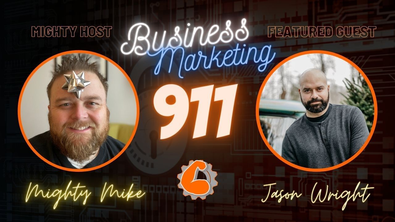 Two men are standing next to each other in front of a sign that says business marketing 911