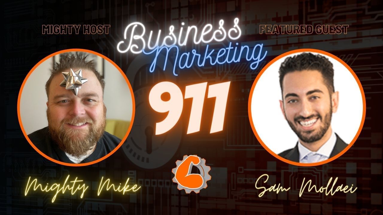 Two men are smiling in front of a sign that says business marketing 911