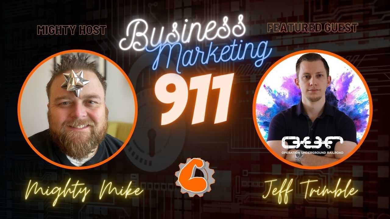 Two men are standing next to each other in front of a sign that says business marketing 911